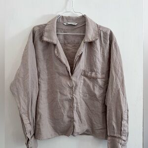ZARA Caroline Linen Long Sleeve Notch Lapel Button-Up Shirt Beige Women's XL
